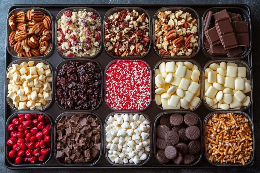 A vibrant display of creative variations of Crock Pot Christmas Crack, featuring a variety of add-ins and toppings such as chopped pecans, mini M&Ms, crushed candy canes, drizzled white chocolate, dried cranberries, pretzel pieces, and festive sprinkles. The tray also showcases cookie-inspired options like Oreo crumbles and graham cracker crumbs, alongside dairy-free and gluten-free alternatives. This image highlights the versatility of Crock Pot Christmas Crack with different textures and flavors to suit any preference.