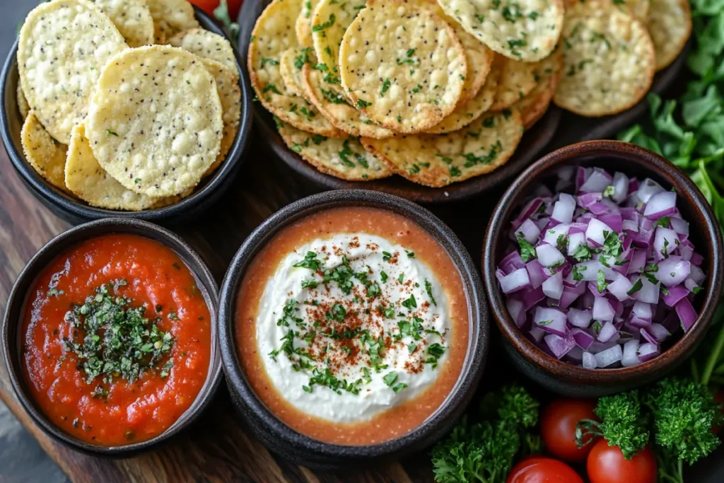 Creative uses of crispy cheese snacks displayed in a variety of dishes, including Parmesan crisps as soup toppings, cheddar crisps in a Caesar salad, Gouda crisps paired with hummus, and larger cheese crisps shaped as low-carb taco shells, showcasing the versatility of crispy cheese snacks.