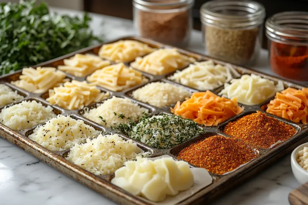 Step-by-step preparation of crispy cheese snacks at home, featuring shredded Parmesan and cheddar mounds on a parchment-lined baking sheet, evenly spaced with optional seasonings like paprika and herbs, showcasing the simple and rewarding process of making crispy cheese snacks.