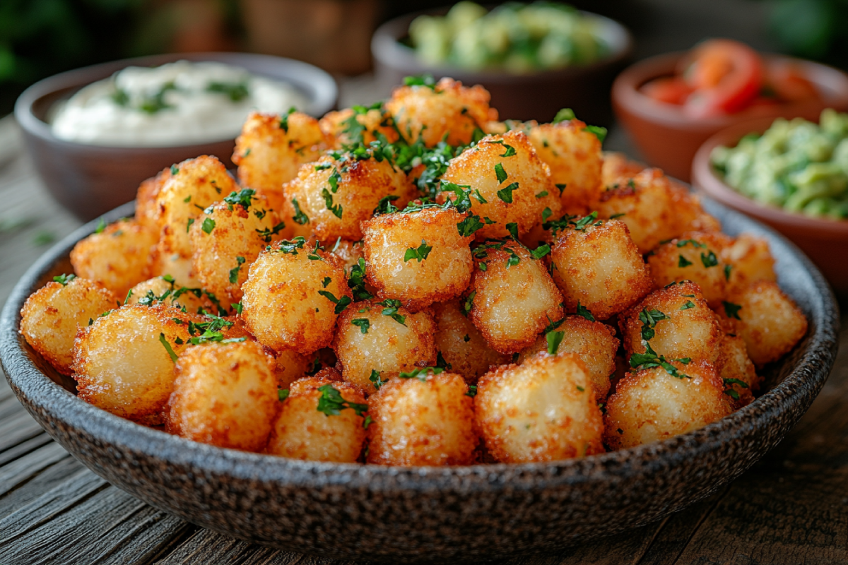 Plate of golden, crispy cheese snacks served with dips like guacamole and hummus, highlighting the crunchy texture of these delicious snacks.