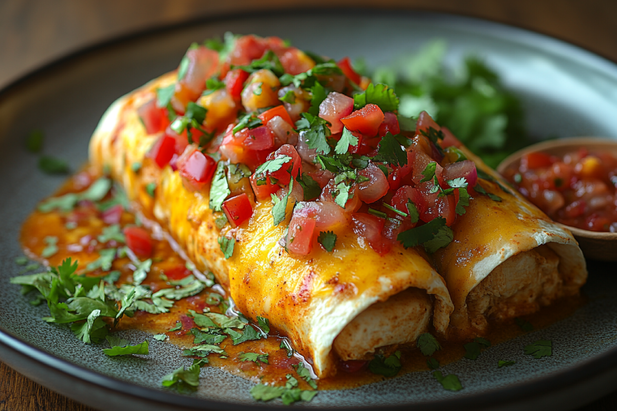 Plate of crock pot chicken enchiladas topped with melted cheese and fresh cilantro, served with salsa on a rustic wooden table.