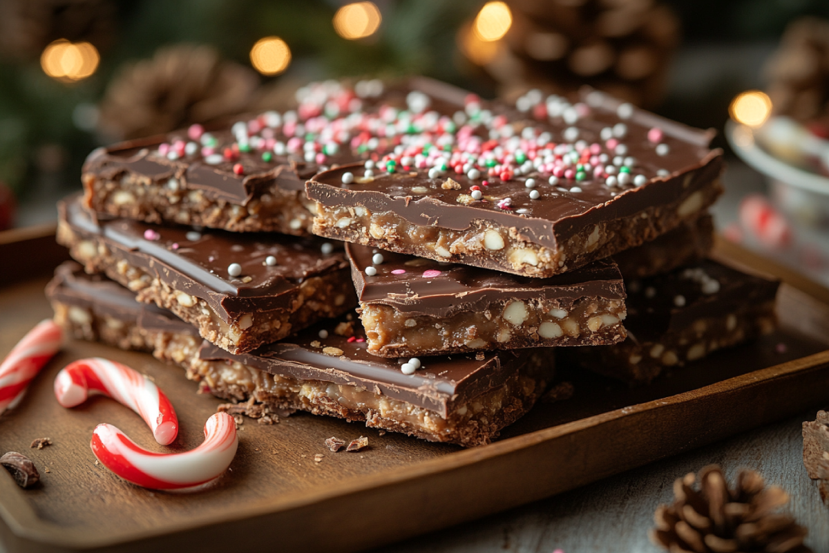 Festive Crock Pot Christmas Crack pieces topped with colorful holiday sprinkles and crushed candy canes, displayed on a tray with holiday decorations.