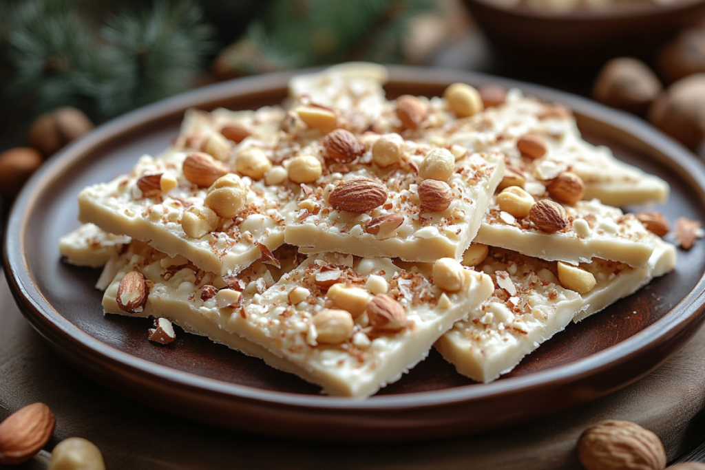 Crockpot Christmas Crack with almond bark on a festive tray, featuring peanuts and colorful holiday sprinkles, a perfect holiday dessert.