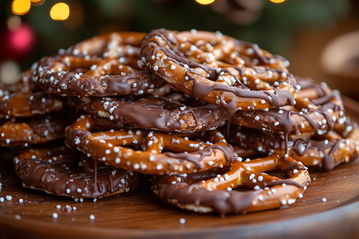 Festive Crockpot Christmas Crack with Pretzels topped with colorful holiday sprinkles and surrounded by Christmas decorations.