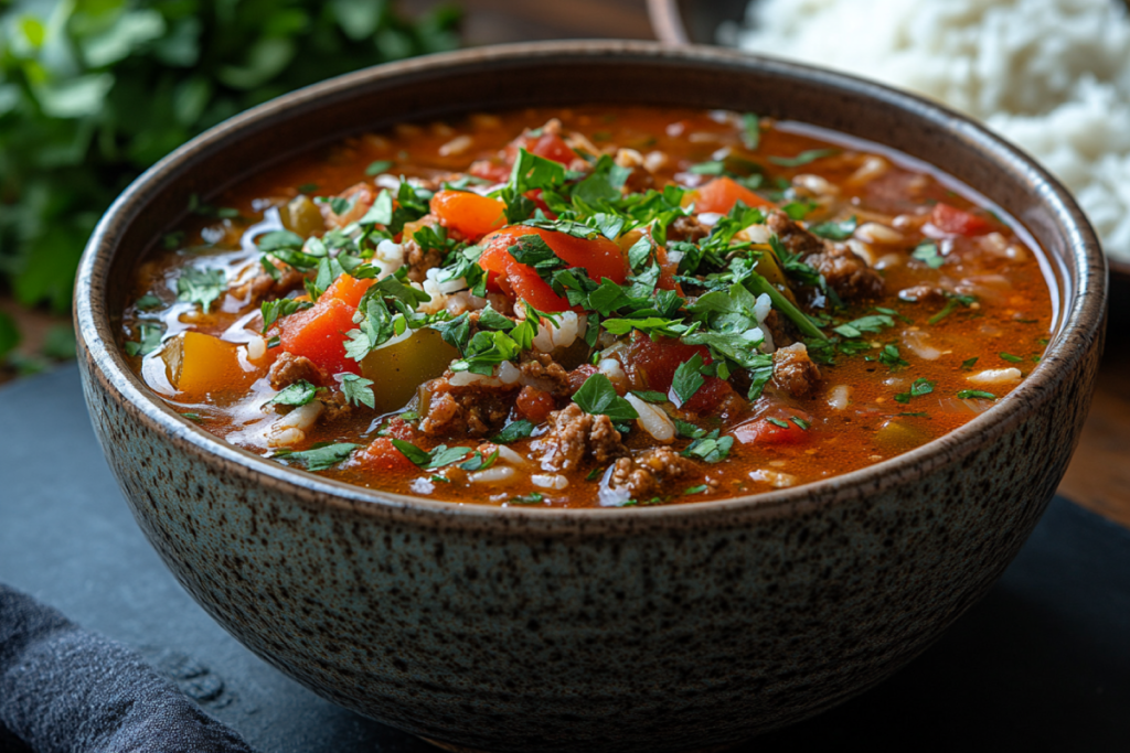 Delicious crockpot stuffed pepper soup served in a rustic bowl, featuring vibrant bell peppers, rice, and a savory tomato-based broth.