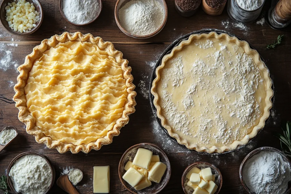 Side-by-side view of a flaky pie crust and a crumbly shortbread crust on a wooden surface, illustrating the difference between pie crust and shortbread crust, with small bowls of ingredients like flour, butter, and sugar.