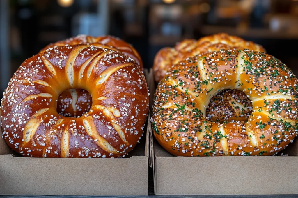 Side-by-side comparison of a Bavarian pretzel and a regular pretzel, showcasing the difference between a Bavarian pretzel and a regular pretzel in texture, color, and shape, with soft and hard varieties displayed on a wooden board.