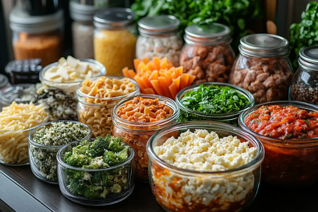 Difference Between a Casserole and Lasagna: A collection of key ingredients for casseroles and lasagna, including meats, vegetables, pasta sheets, sauces, cheeses, and herbs, displayed on a kitchen counter.