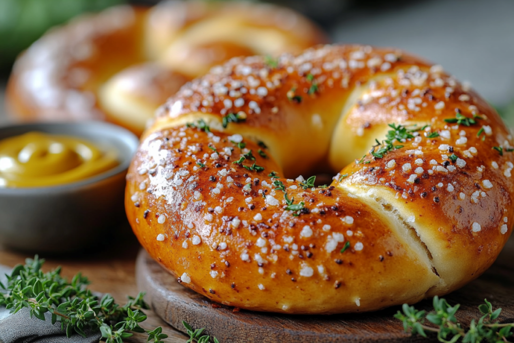 Close-up image of a Bavarian pretzel with a golden-brown crust and coarse salt alongside a regular pretzel, showcasing the difference between a Bavarian pretzel and a regular pretzel on a rustic wooden table.