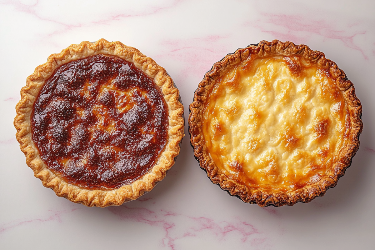 A comparison of chess pie and buttermilk pie on a rustic wooden table, highlighting the differences in texture and appearance between the two Southern desserts.