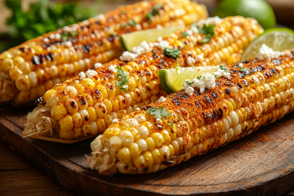 Grilled Mexican street corn (elote) topped with mayonnaise, Cotija cheese, chili powder, and lime wedges, highlighting the difference between corn and Mexican corn.