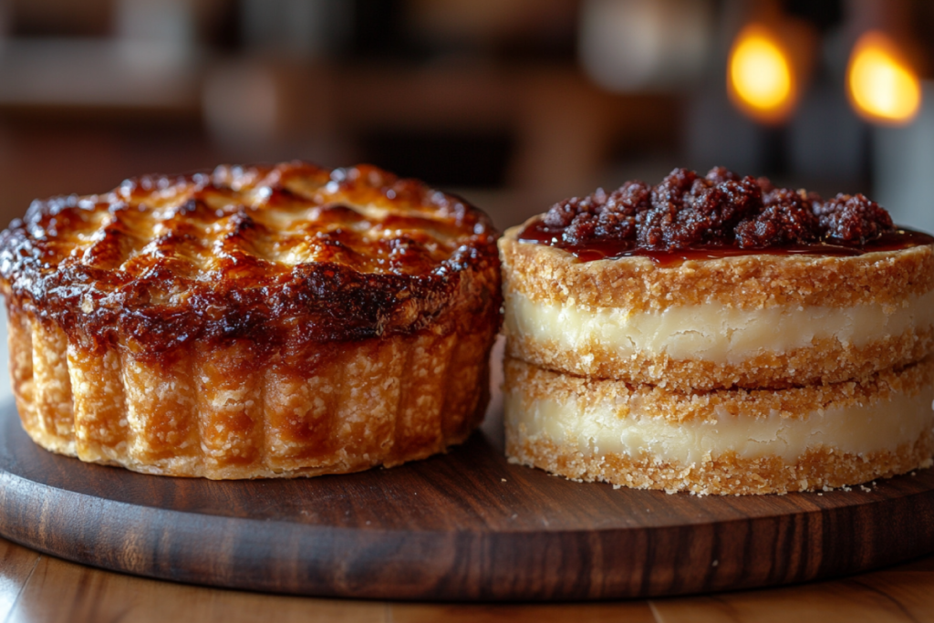 Close-up image showing the difference between pie crust and shortbread crust, with a flaky pie crust and a crumbly shortbread crust side by side.