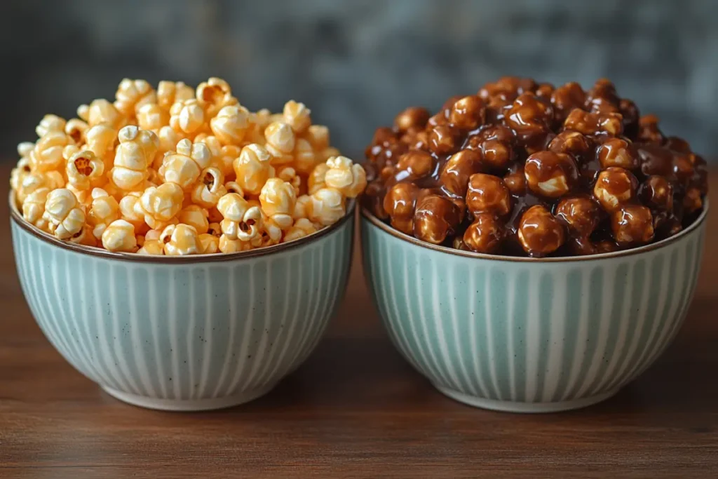 Side-by-side comparison of kettle corn and caramel corn, showcasing the key differences in texture and appearance. Kettle Corn vs Caramel Corn highlights the light, sugar-coated finish of kettle corn and the rich, glossy caramel coating of caramel corn.