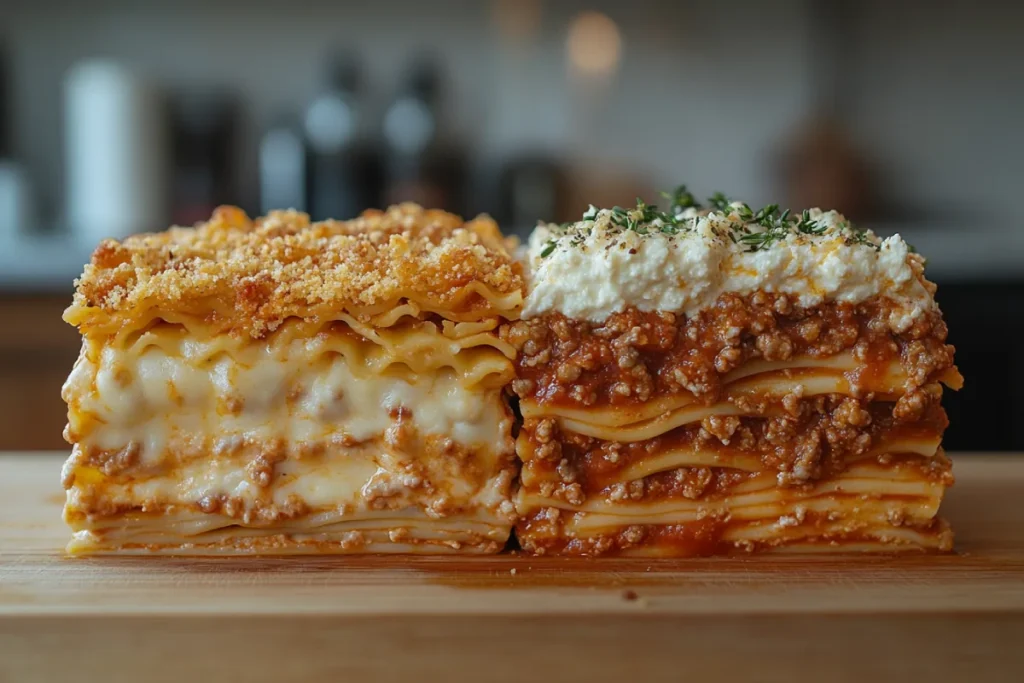 Difference Between a Casserole and Lasagna: A visual comparison showing casserole layering with a single layer of ingredients topped with cheese and breadcrumbs, and lasagna with structured layers of pasta, meat sauce, ricotta, and mozzarella.