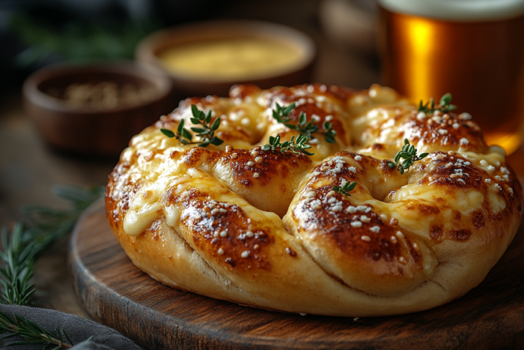 Do Germans put cheese on pretzels? A freshly baked Bavarian pretzel topped with melted golden cheese, served with traditional German beer.