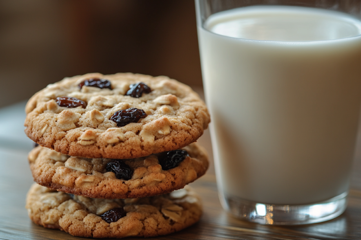 Freshly baked oatmeal cookies on a rustic wooden table, highlighting the question: Do oatmeal cookies raise blood sugar, with a glass of milk nearby.