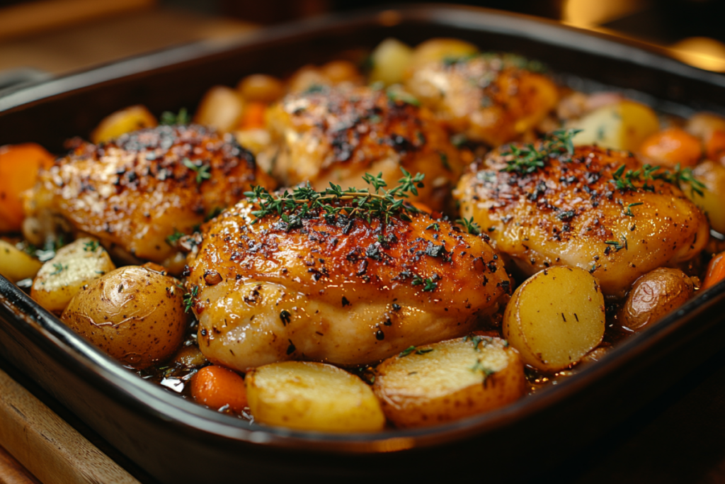 Golden-browned chicken pieces in a casserole dish, showcasing the process of browning chicken before putting it in a casserole for enhanced flavor and texture.