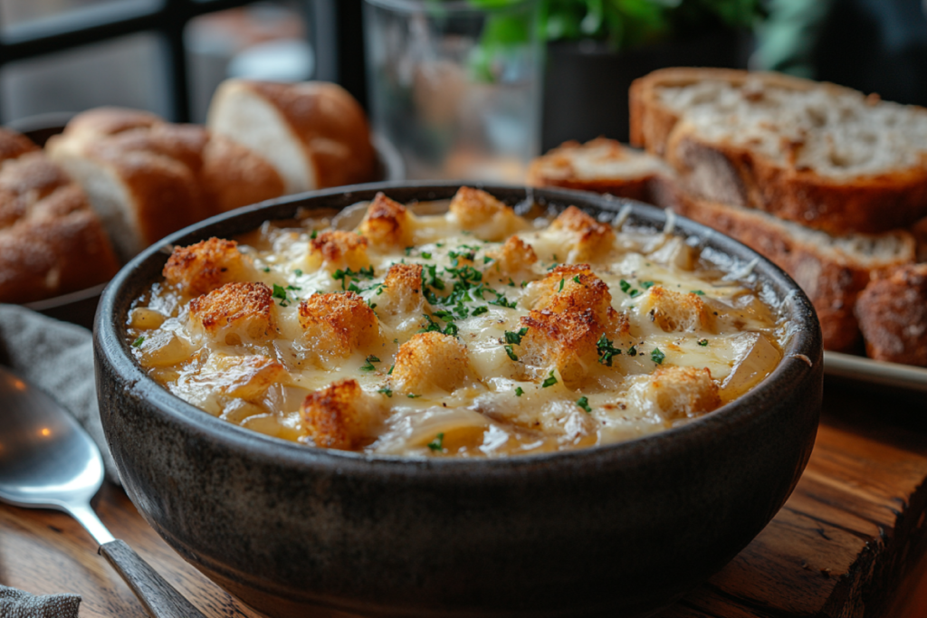 Does Panera have French onion soup? A delicious bowl of French onion soup with caramelized onions, melted cheese, and golden croutons served on a rustic wooden table, perfect for cozy dining.