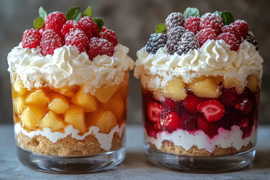 Close-up of a freshly made trifle and an overnight trifle side by side, illustrating the differences in texture and flavor, answering the question 'Does a Trifle Get Soggy Overnight or Taste Better?