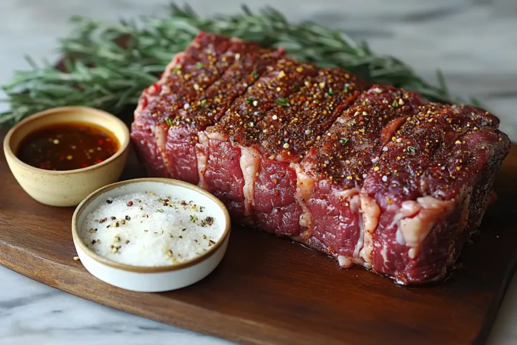 Prime rib seasoned with a dry rub made of salt, pepper, garlic powder, onion powder, paprika, rosemary, and thyme, creating a flavorful crust. The image also shows a bowl of marinade ingredients like olive oil, red wine, balsamic vinegar, soy sauce, and fresh herbs, illustrating the contrast between dry rub and marinade methods for seasoning prime rib.