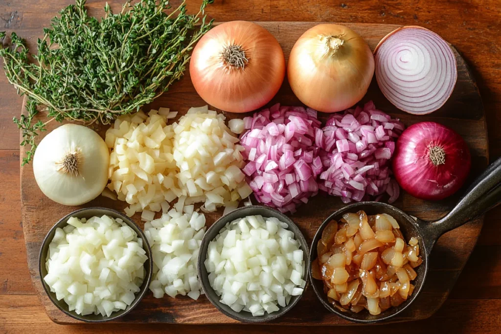 Various onion types, including yellow, red, white onions, and shallots, arranged on a cutting board with caramelized onions in a skillet, showcasing the importance of enhancing meatloaf with onion variations for balanced flavor.