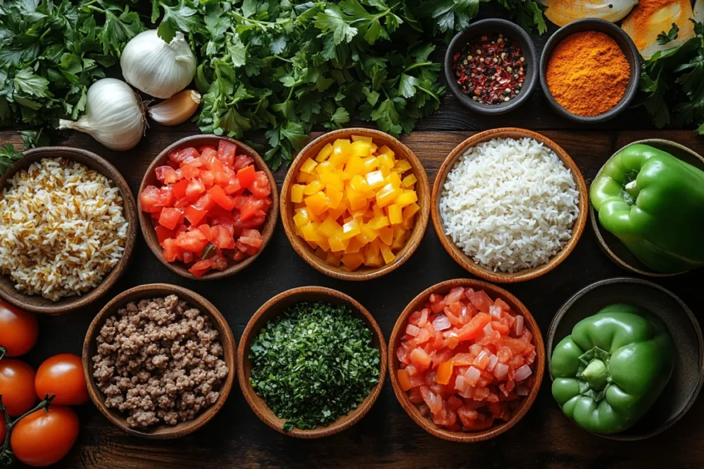 Essential ingredients for crockpot stuffed pepper soup, including colorful bell peppers, ground meat, diced tomatoes, rice, broth, onions, garlic, and seasonings like salt, pepper, paprika, and Italian seasoning, arranged in a vibrant flat lay on a wooden countertop.