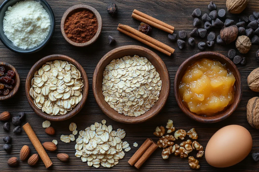 Flat-lay of essential ingredients for applesauce oatmeal cookies, including rolled oats, applesauce, flour, brown sugar, cinnamon, and optional mix-ins like raisins and walnuts. A warm and inviting baking setup showcasing the key elements of this delicious recipe.