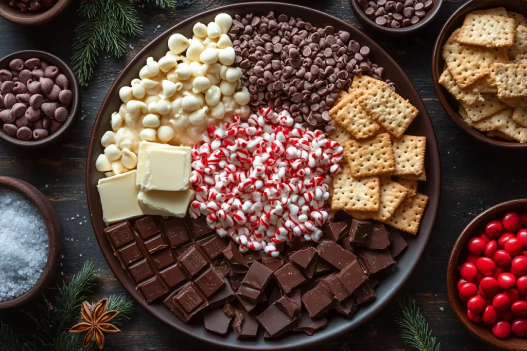 An overhead view of Crock Pot Christmas Crack ingredients, showcasing chocolate chips, peanut butter, saltine crackers, white almond bark, unsalted butter, and granulated sugar, along with festive toppings like crushed candy canes and M&Ms. This image illustrates the essential ingredients for making Crock Pot Christmas Crack, highlighting the contrast between the creamy chocolate and crunchy crackers. Perfect for those exploring different ways to make this holiday treat.