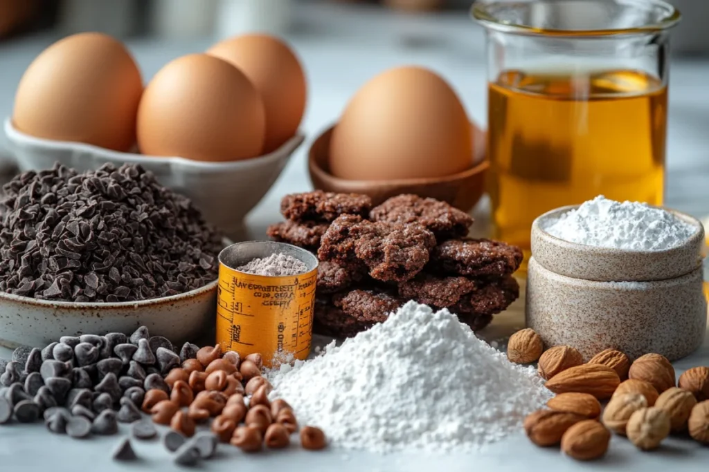 Essential ingredients for making Crack Cookies Recipe with Cake Mix, including a box of cake mix, eggs, vegetable oil, powdered sugar, and optional add-ins like chocolate chips, nuts, sprinkles, and dried fruit, neatly arranged on a kitchen counter.