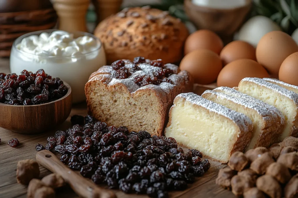 Image showing the essential ingredients for perfect bread pudding, including sturdy bread, eggs, milk, and dried fruits, emphasizing the importance of ingredient balance to avoid mushiness in bread pudding.