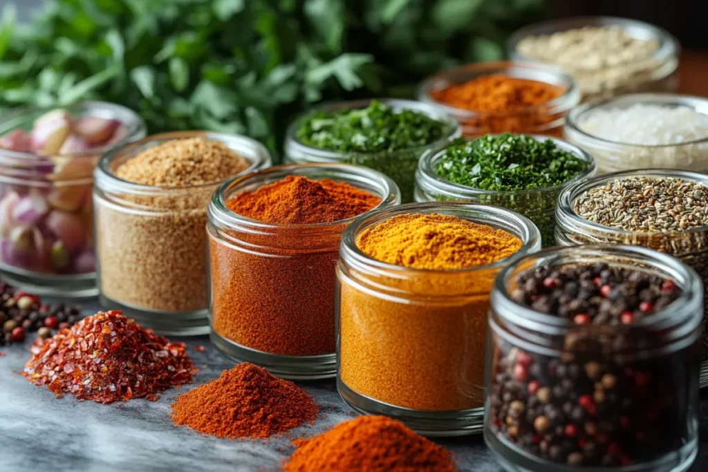 An assortment of spices and seasonings for pretzel cheese dip, including mustard powder, garlic powder, onion powder, cayenne pepper, smoked paprika, black pepper, salt, and fresh herbs like parsley, chives, and green onions. These flavor enhancers add depth and complexity to your pretzel cheese dip.