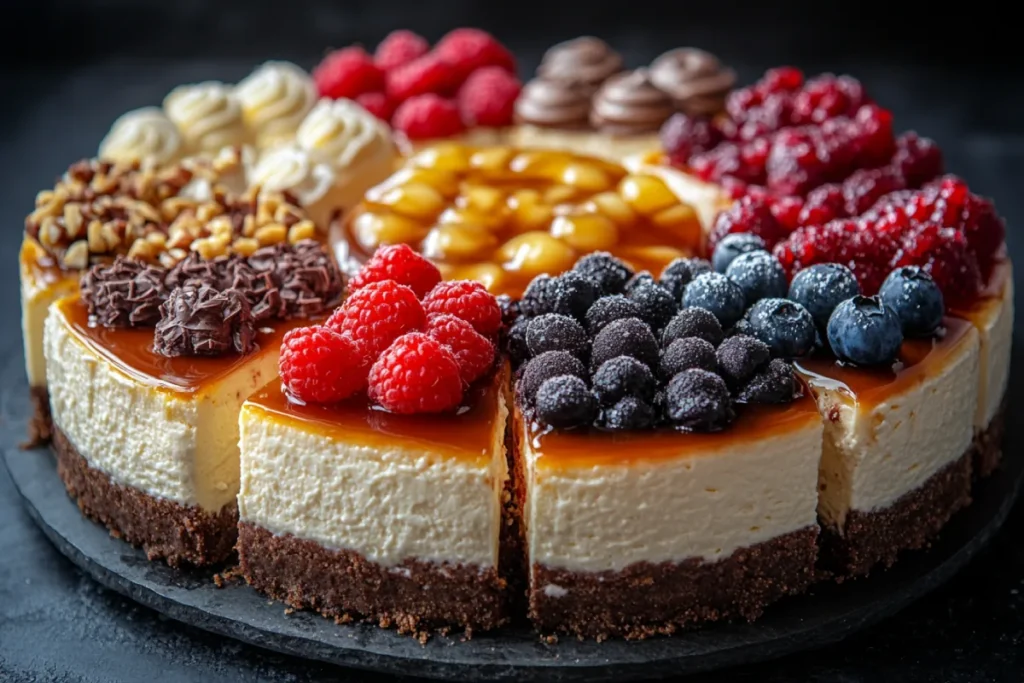 New York Style Cheesecake with rich, tangy cream cheese and vanilla extract, compared with regular cheesecakes featuring a variety of flavors such as fruit purees, chocolate, nuts, and spices, topped with whipped cream, caramel, and fresh fruits, showcasing the flavor profiles of New York style cheesecake vs. regular cheesecake