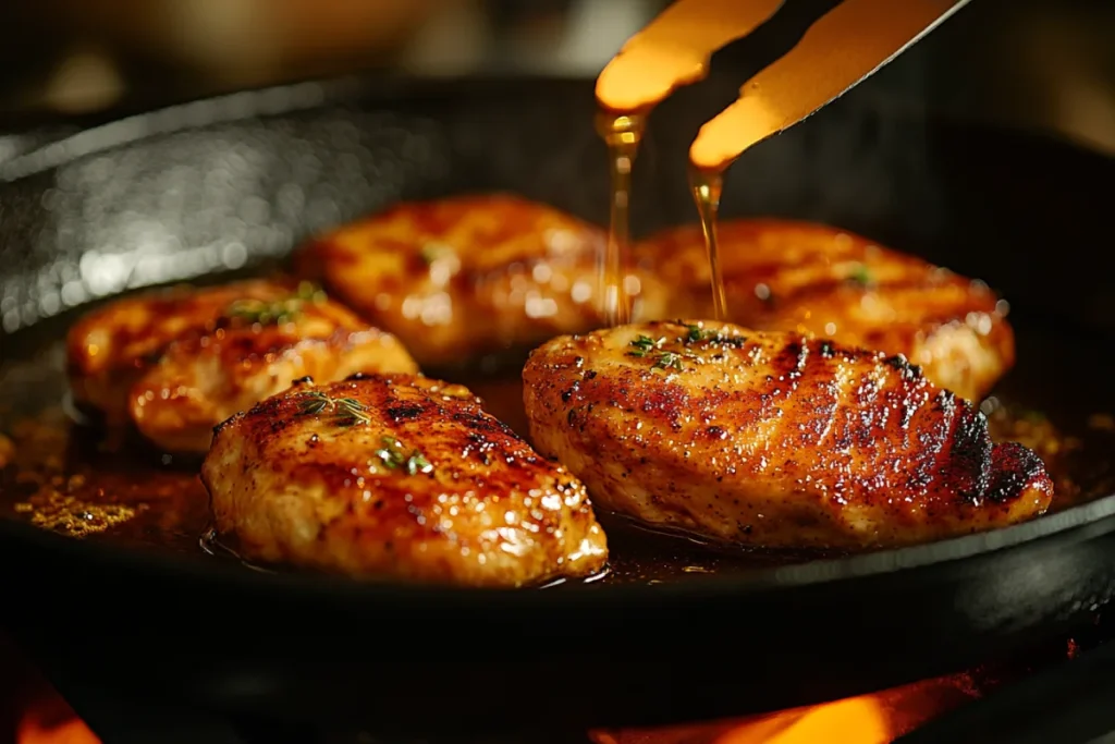 Browning Chicken for Casseroles in a heavy cast-iron skillet, with chicken pieces, cooking oil, seasonings, and tongs. The chicken is golden brown, showing the step-by-step process of preparing chicken for a casserole.