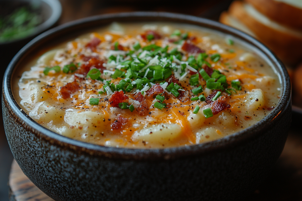 Hash Brown Potato Soup: A creamy bowl topped with shredded cheese, crispy bacon bits, and fresh green onions, perfect for comfort food lovers.