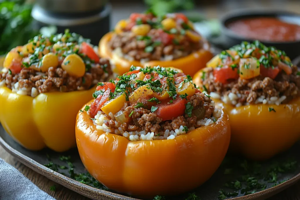 Health benefits and nutritional insights of stuffed pepper soup, highlighting the key ingredients like bell peppers, ground meat, rice, and tomatoes, packed with essential nutrients.