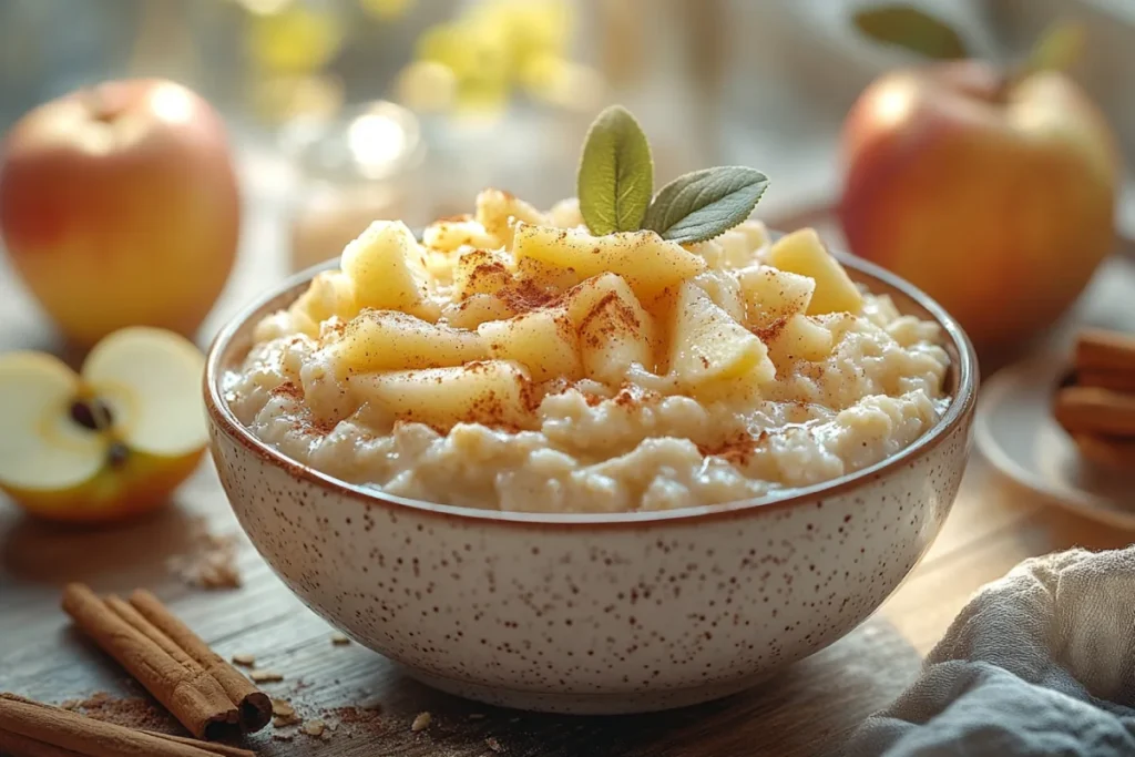 A wholesome bowl of oatmeal with applesauce, topped with cinnamon and fresh apple slices, served in a cozy kitchen with warm natural lighting. This delicious pairing highlights the health benefits of combining applesauce and oatmeal for a nutritious breakfast.