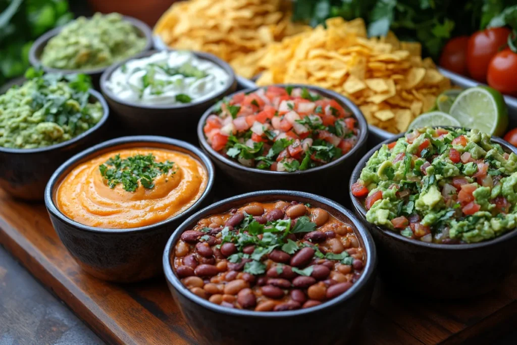 Homemade dips for Fritos, including creamy queso dip with Velveeta cheese, fresh guacamole with avocados and lime, and a layered bean dip with refried beans, sour cream, salsa, and shredded cheese. These delicious homemade dip recipes for Fritos are served with Fritos Scoops for easy dipping.