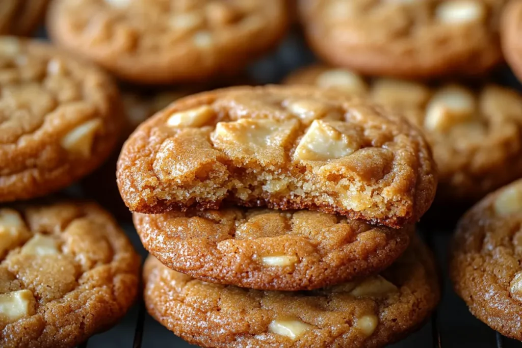 Soft and moist cookies made with applesauce, showcasing a tender, chewy texture and well-rounded shape. A close-up view highlights how applesauce affects cookie texture, preventing excessive spreading and enhancing moisture retention.