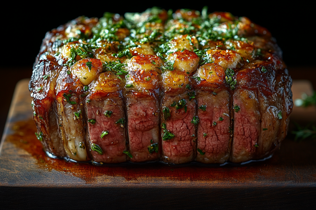 Perfectly cooked prime rib on a wooden cutting board surrounded by fresh herbs, showcasing how restaurants make prime rib so tender.