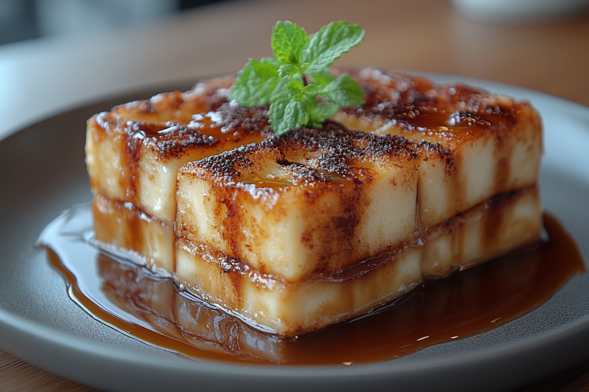 White chocolate bread pudding served with caramel drizzle and mint garnish on a rustic wooden table, illustrating how many carbs are in white chocolate bread pudding.