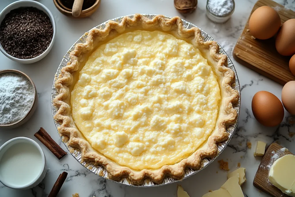 Step-by-step process of making buttermilk pie, showcasing the preparation of the buttery pie crust and mixing the creamy filling to create what buttermilk pie is made of.