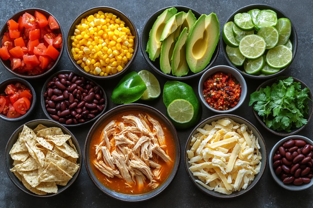 Ingredients for making chicken tortilla soup laid out on a kitchen counter, including olive oil, diced onion, garlic, jalapeño, chicken broth, shredded chicken, tomatoes, black beans, corn, fried tortilla strips, sliced avocado, shredded cheese, cilantro, and lime wedges. The perfect setup for creating a classic chicken tortilla soup with all the essential components for a flavorful meal. Tortilla soup so good, it’s easy to make and packed with delicious ingredients.