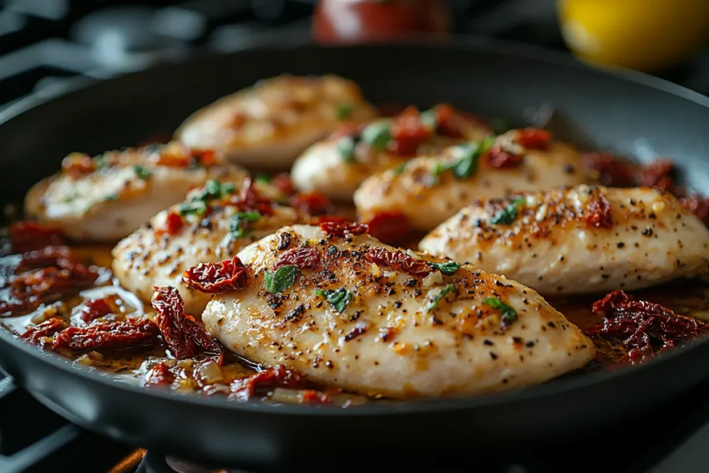 Step-by-step ingredients and cooking process for Why is it Called Marry Me Chicken, including chicken breasts, garlic, heavy cream, Parmesan, sun-dried tomatoes, and fresh basil, ready for preparation.