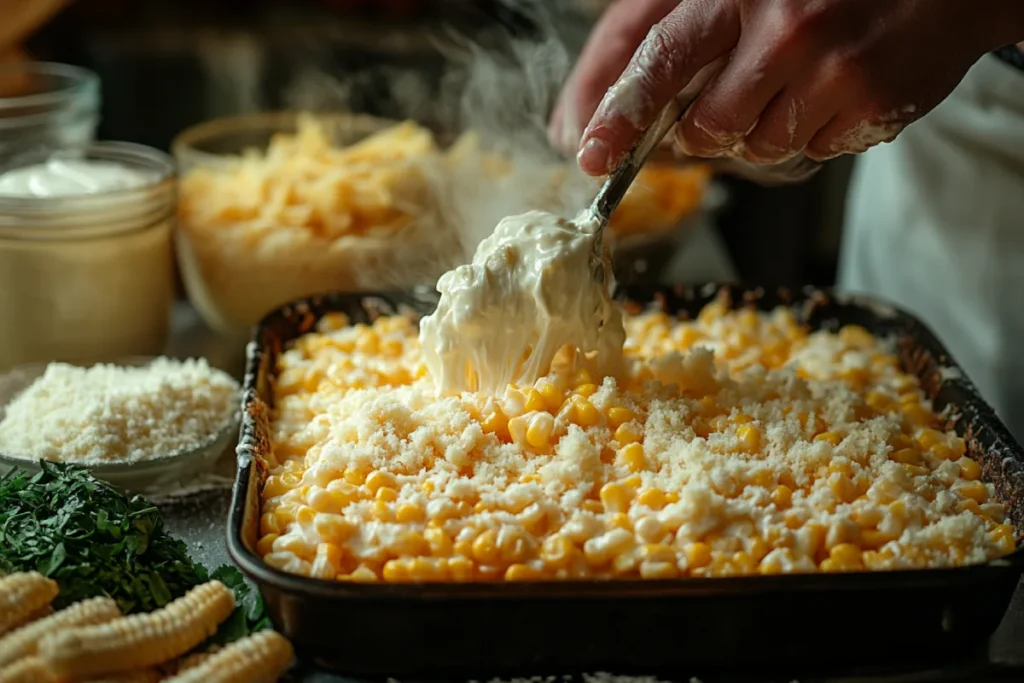 Step-by-step process of making Mexican corn casserole in a cozy kitchen, with ingredients like corn, corn muffin mix, sour cream, melted butter, and shredded cheese. The casserole mixture is being prepared in a large bowl, showcasing the easy preparation of this savory dish. This image illustrates how to make Mexican corn casserole from start to finish, emphasizing the simple and flavorful ingredients.