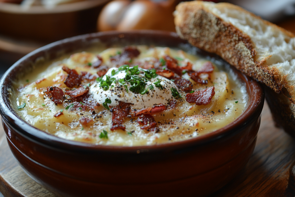 Steaming bowl of creamy potato soup topped with crispy bacon, melted cheese, fresh herbs, and a dollop of sour cream, served with rustic artisan bread on the side, showcasing how to add flavor to bland potato soup.