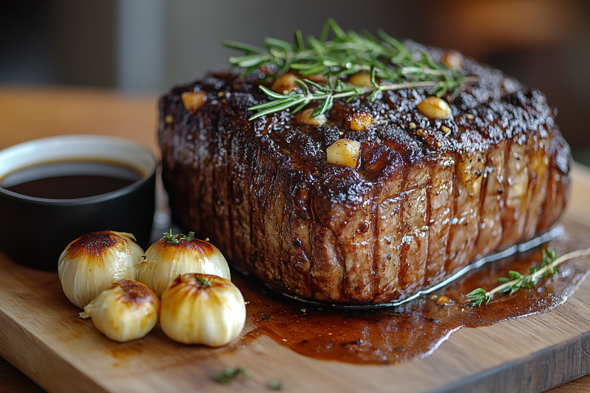 Prime rib roast on a wooden cutting board with fresh rosemary, garlic cloves, and au jus, showcasing how to add flavor to prime rib.