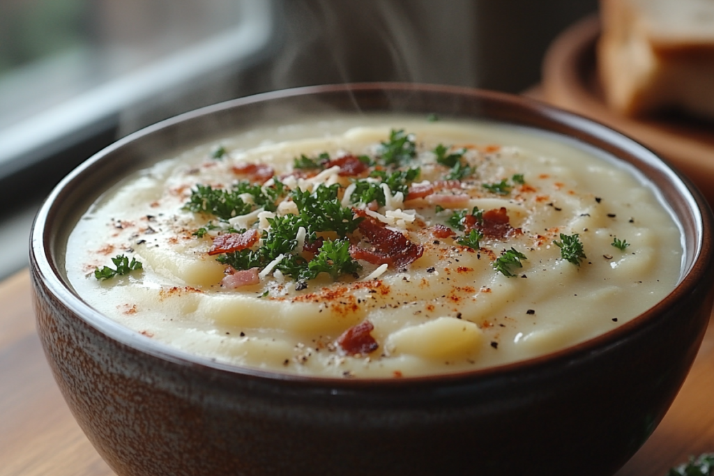 How to fix bland potato soup: A steaming bowl of creamy potato soup garnished with parsley, bacon bits, and cheese on a rustic wooden table.