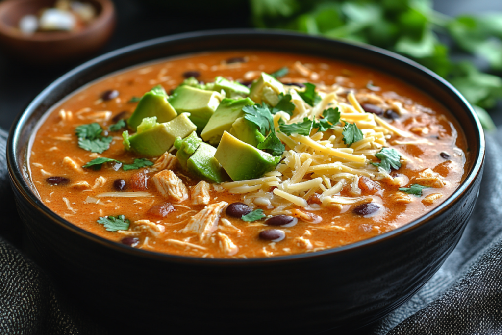 Thick chicken tortilla soup topped with crispy tortilla strips, avocado, shredded cheese, and cilantro, showcasing how to thicken chicken tortilla soup for a hearty and flavorful meal.