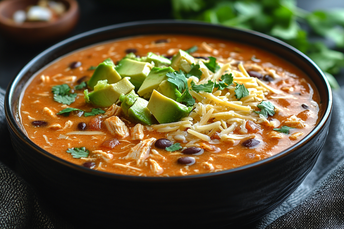 Thick chicken tortilla soup topped with crispy tortilla strips, avocado, shredded cheese, and cilantro, showcasing how to thicken chicken tortilla soup for a hearty and flavorful meal.