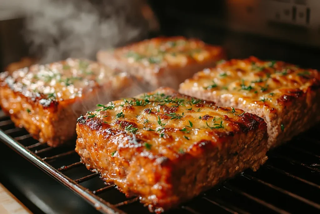 An image showing two meatloafs baking in an oven at different temperatures. On one side, a moist and tender meatloaf bakes at 350°F, with even cooking and a soft texture. On the other side, a meatloaf bakes at 375°F, with a crispy, golden crust and a slightly more cooked exterior. Steam rises from both, and the image emphasizes the ideal baking temperature for achieving the perfect balance of tenderness and crispiness.